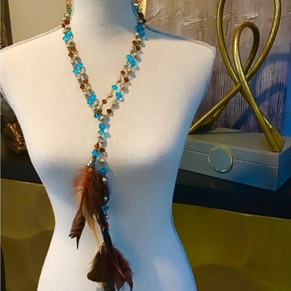Bohemian Turquoise Beaded Feather Lariat Necklace